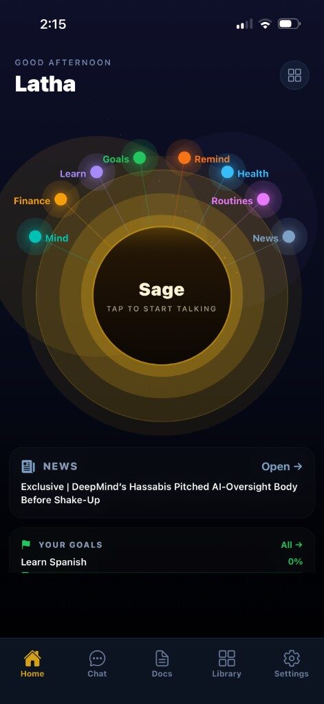 PoCo home: tap Sage to talk, with Mind, Finance, Learn, Goals, Remind, Health, Routines, and News around the companion, plus a news card and a Learn Spanish goal