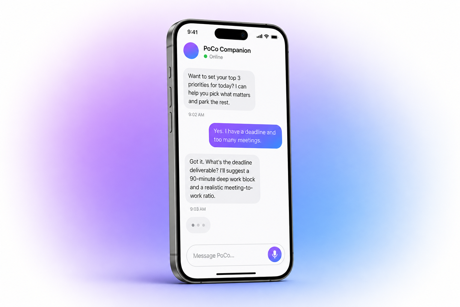 PoCo on iPhone showing a private companion conversation about setting daily priorities